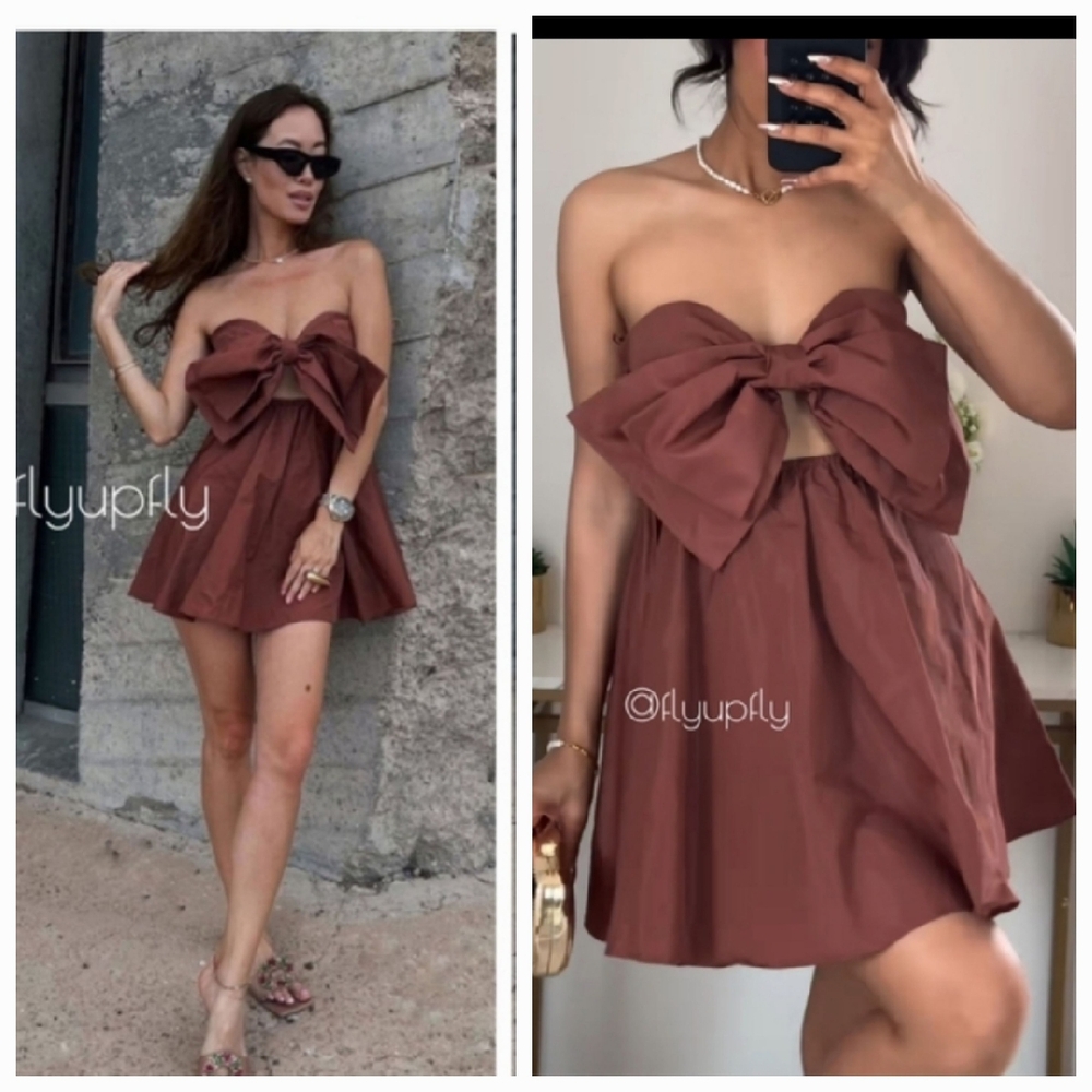Zara * Bow Mini Dress Brown Size L - Picture 2 of 16